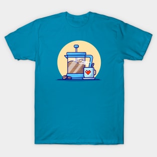 Hot Coffee With Teapot And Bean Cartoon Vector Icon Illustration T-Shirt